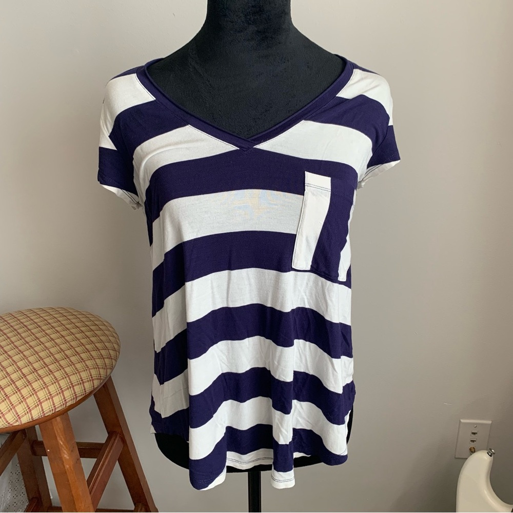 H by Bordeaux navy and White Striped V-Neck Tee